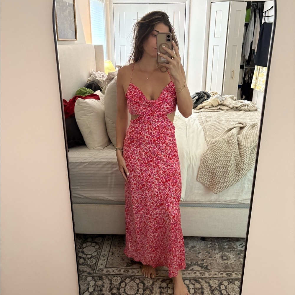 Astr the Label Colette Satin Midi Dress Pink Floral Backless Dress